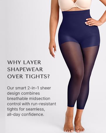 One smart layer. Midsection smoothing meets sheer, durable footless tights for effortless style.