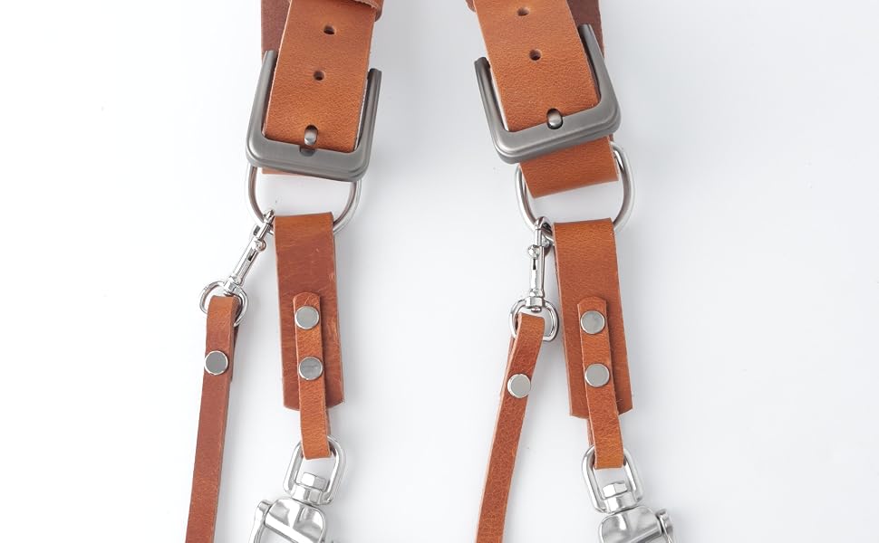 photographer wearing double camera strap shooting with two cameras