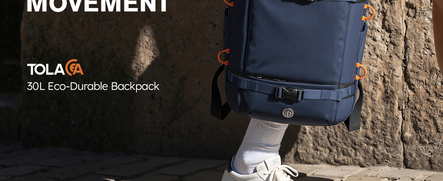 A businessman carrying a navy commuter laptop backpack while walking in the city