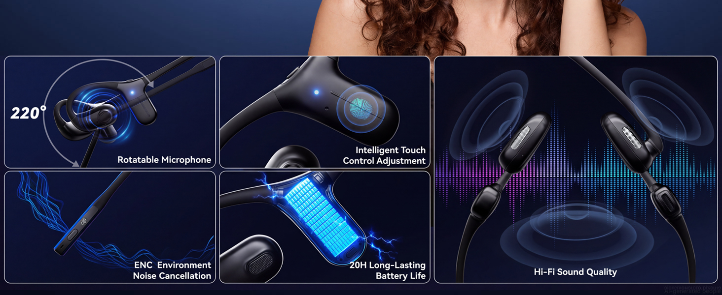 Bluetooth Headset with Mic, ENC Noise Cancelling, 20H Battery, Hi-Fi Sound