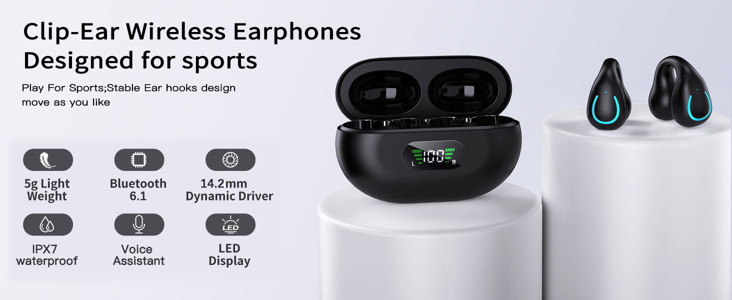 Open Ear Bone Conduction Headphones Wireless Clip On Earbuds