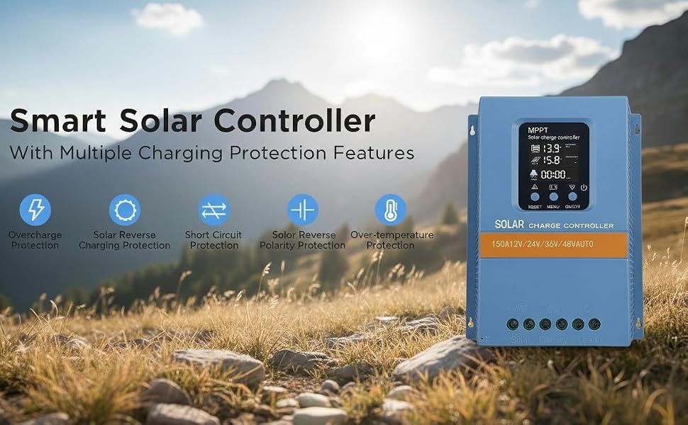 Blue Smart Solar Controller showcasing its key charging protection features