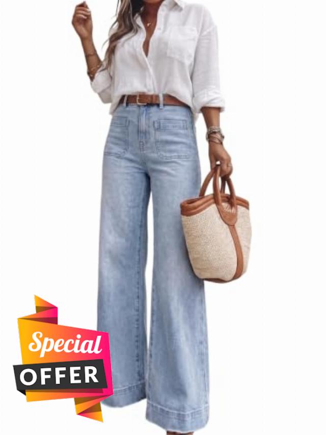 Women's High Waisted Wide Leg Jeans with Retro Patch Pockets Stretchy 70s Vintage Loose Denim Pants for Summer Vacatio