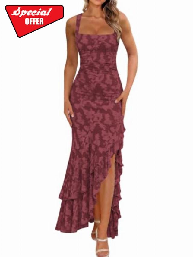 BORIFLORS Women's Elegant Ruched Floral Maxi Wedding Guest Dress Mermaid Ruffle