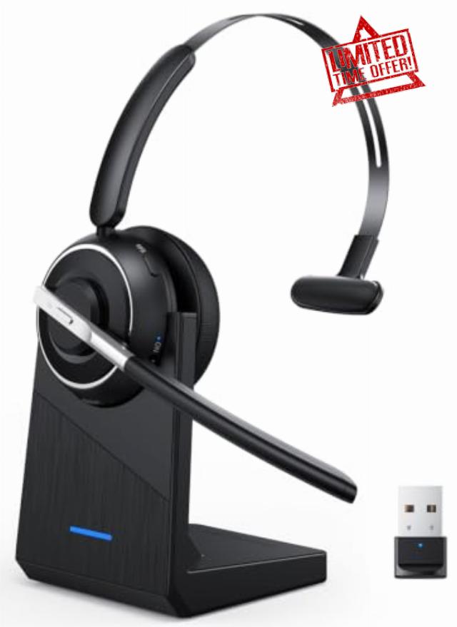 Wireless Headset with Mic for Work Bluetooth Headset with Microphone for PC Noise Cancelling Mic USB Dongle Charging Base Mute Button for Computer Laptop Phone Work from Home Office Call Center Trucke
