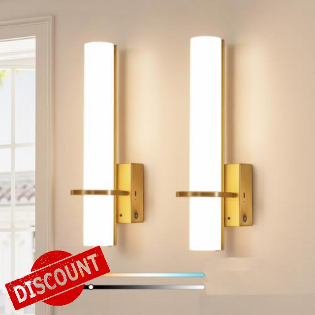 AIJIASI Battery Operated Gold Wall Sconces - 15 Inch Modern Sconce Wall Lighting 3000K-6000K Dimmable LED Wall Sconces Set of Two