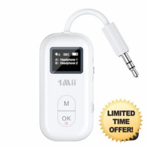 1Mii SafeFly Pro Airplane Bluetooth Adapter for AirPods Wireless Headphones | 3.5mm AUX Bluetooth Transmitter Receiver with Screen