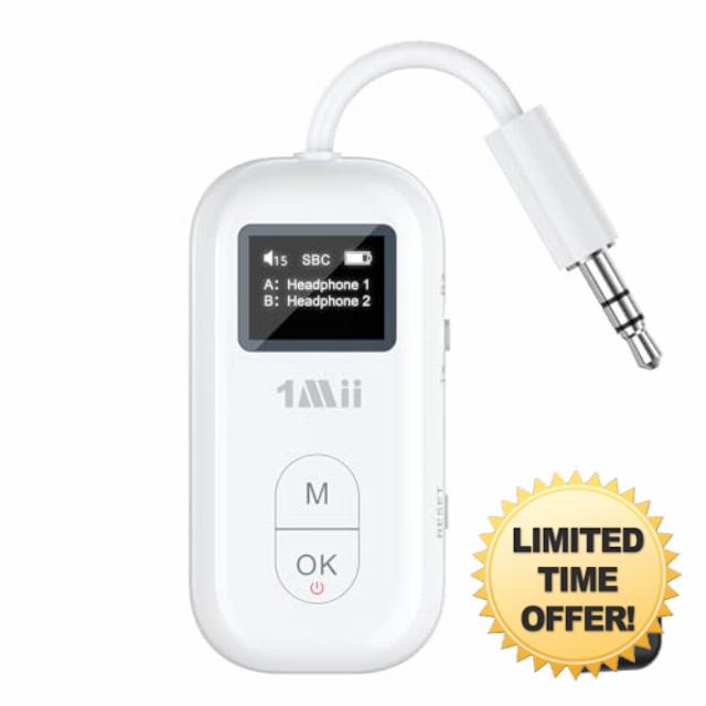 1Mii SafeFly Pro Airplane Bluetooth Adapter for AirPods Wireless Headphones | 3.5mm AUX Bluetooth Transmitter Receiver with Screen