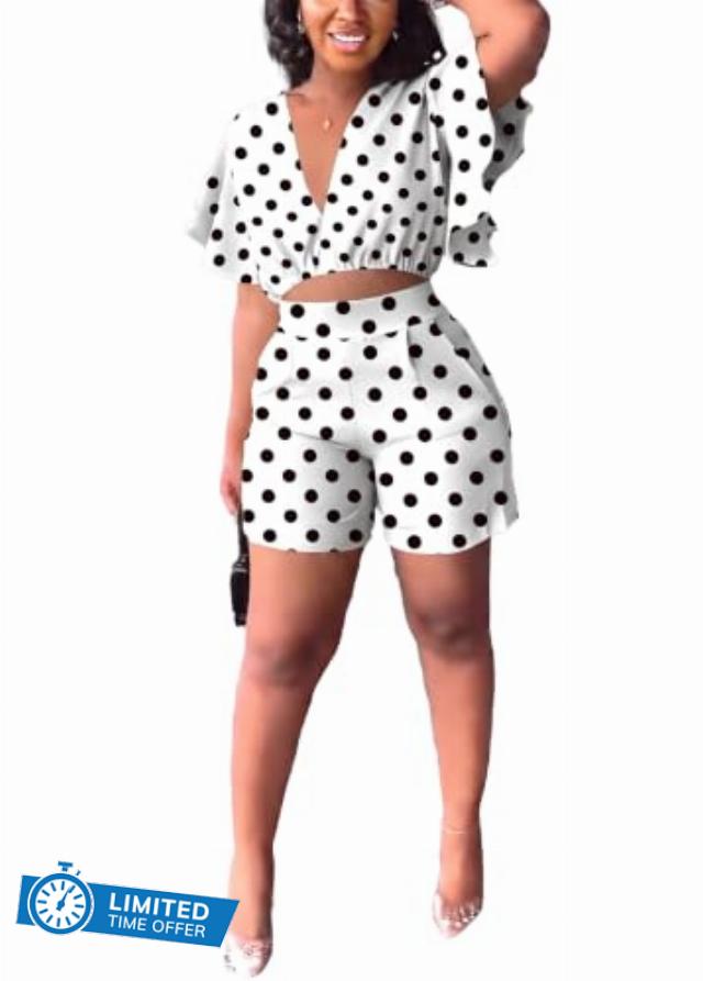 Fooullaide Women's Ruffle Sleeve Crop Top High Waist Shorts 2 Piece Set                                                          Deep V Neck