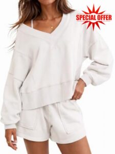 Fisoew Womens 2 Piece Lounge Matching Set Sweatshirts Shorts Sets Sweatsuit                                                          V Neck