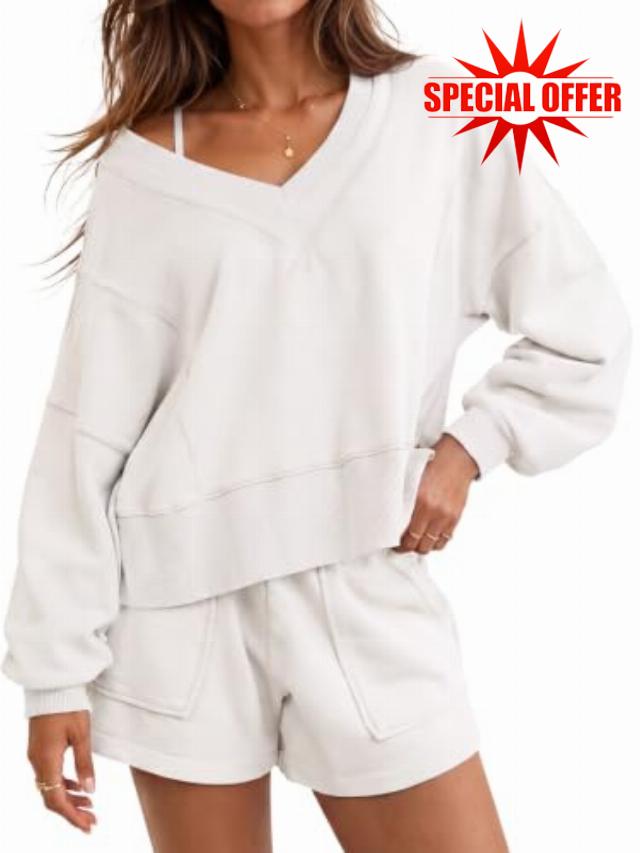 Fisoew Womens 2 Piece Lounge Matching Set Sweatshirts Shorts Sets Sweatsuit                                                          V Neck