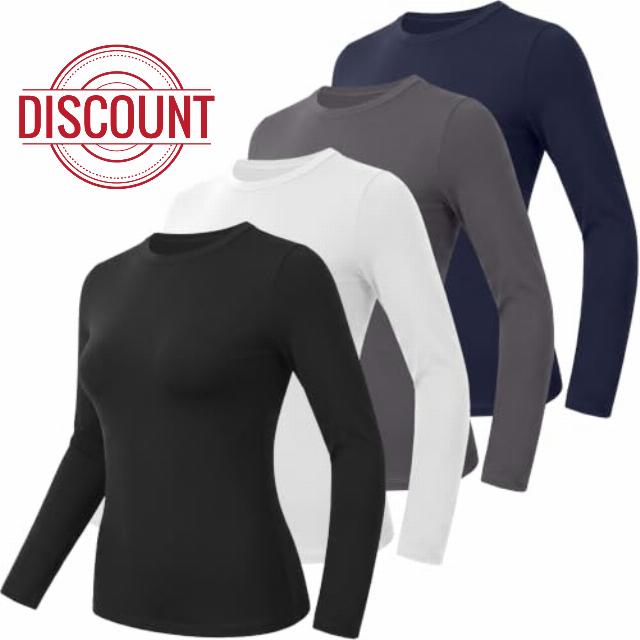 GAYHAY 4 Pack Womens Long Sleeve Shirts Slim Fit Basic Tees Workout Tops                                                          Crewneck