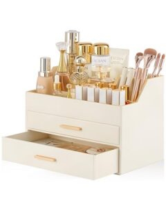 3-Layer PU Leather Luxury Make Up Storage Cosmetics Holder Box with Drawers -Beige
