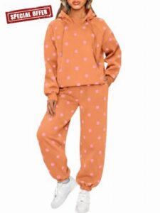 Fisoew Womens Polka Dot 2 Piece Sets Long Sleeve Hooded Tops Jogger Pants                                                          Active