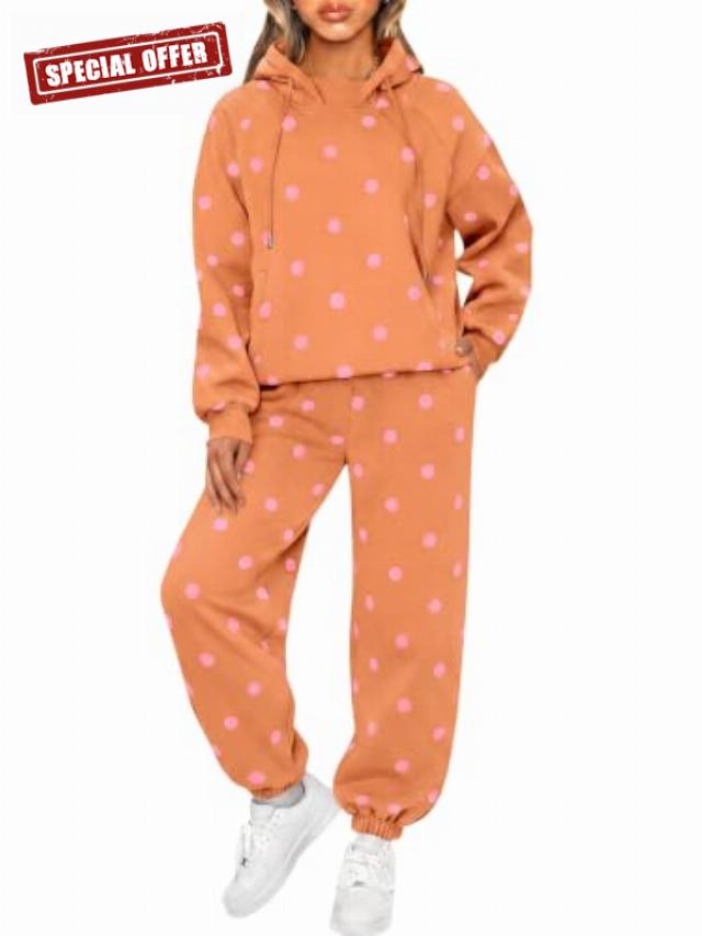 Fisoew Womens Polka Dot 2 Piece Sets Long Sleeve Hooded Tops Jogger Pants                                                          Active