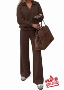 PRETTYGARDEN Womens Sweatsuits 2 Piece Outfits Matching Sets                                                          Wide Leg Sweatpants&Polo V Neck Sweatshirt