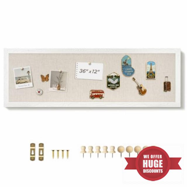 DOLLAR BOSS Narrow Linen Bulletin Board 36"x12" Long Cork Board White Linen                                                          For Badge Enamel Pins Display
