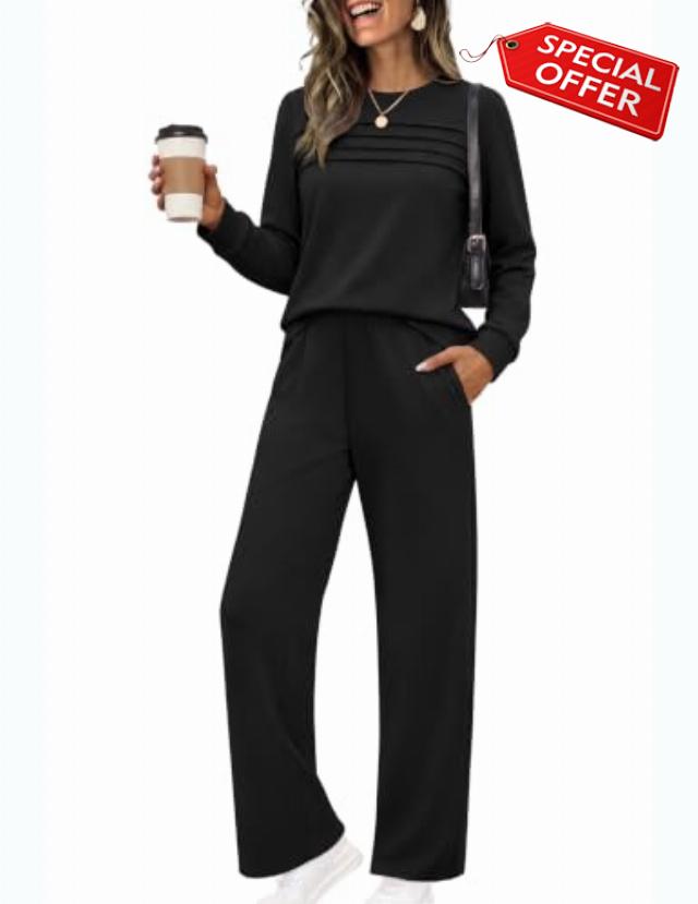 Ekouaer 2 Piece Sets for Women Lounge Set Airport Fall Travel Outfits 2026                                                          Pleated Top