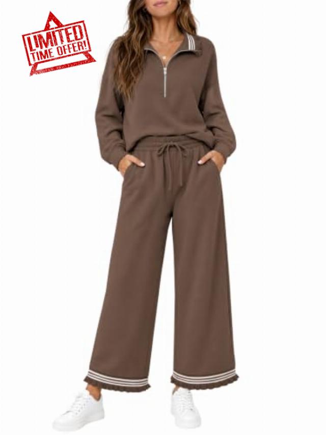 Aoysky Womens 2 Piece Outfits Sweatsuit Lounge Sets Ruffle Tracksuits                                                          Half zip long sleeve sweatshirts
