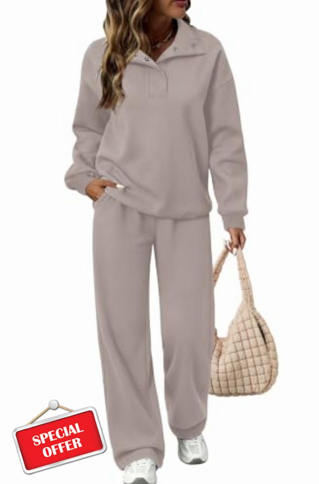 Sampeel 2 Piece Sets for Women Henley Snaps Sweatsuits Sweat Set Lounge Matching Sets Travel Vacation Airport Outfits