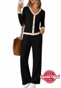 WIHOLL Women's 2 Piece Outfits Button-front Loungewear Sets Casual Fall
