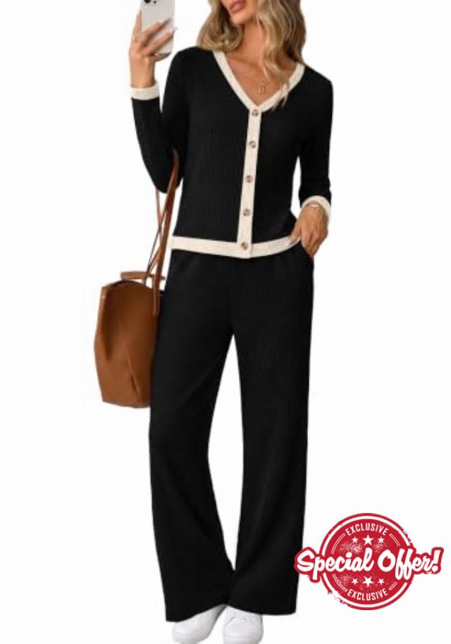 WIHOLL Women's 2 Piece Outfits Button-front Loungewear Sets Casual Fall