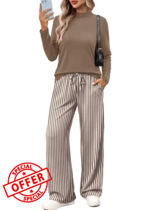 WIHOLL Two Piece Sets for Women Fall Outfits Mock Neck Tops and Wide Leg Pants Lounge Matching Set Fashion Clothing
