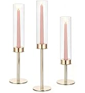 Glasseam Hurricane Taper Candle Holders: Set of 3 Glass Candlestick Holders with Clear Tall Cylin...