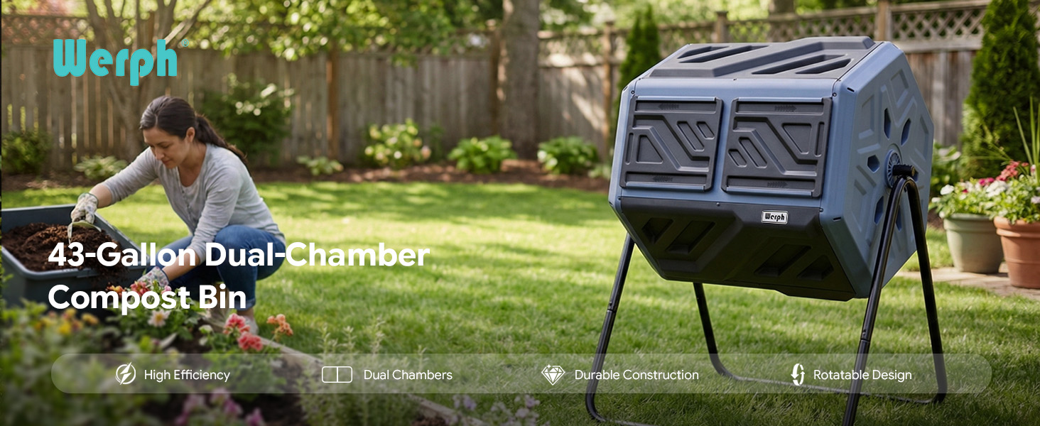 Werph Updated 43 Gallon Dual-Chamber Compost Bin for Garden, Kitchen, and Yard CT4305L