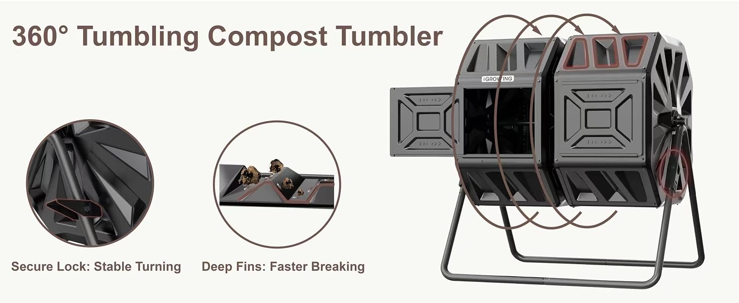 360 rotating compost bin tumbler with secure rotation lock pins and interior deep fins.