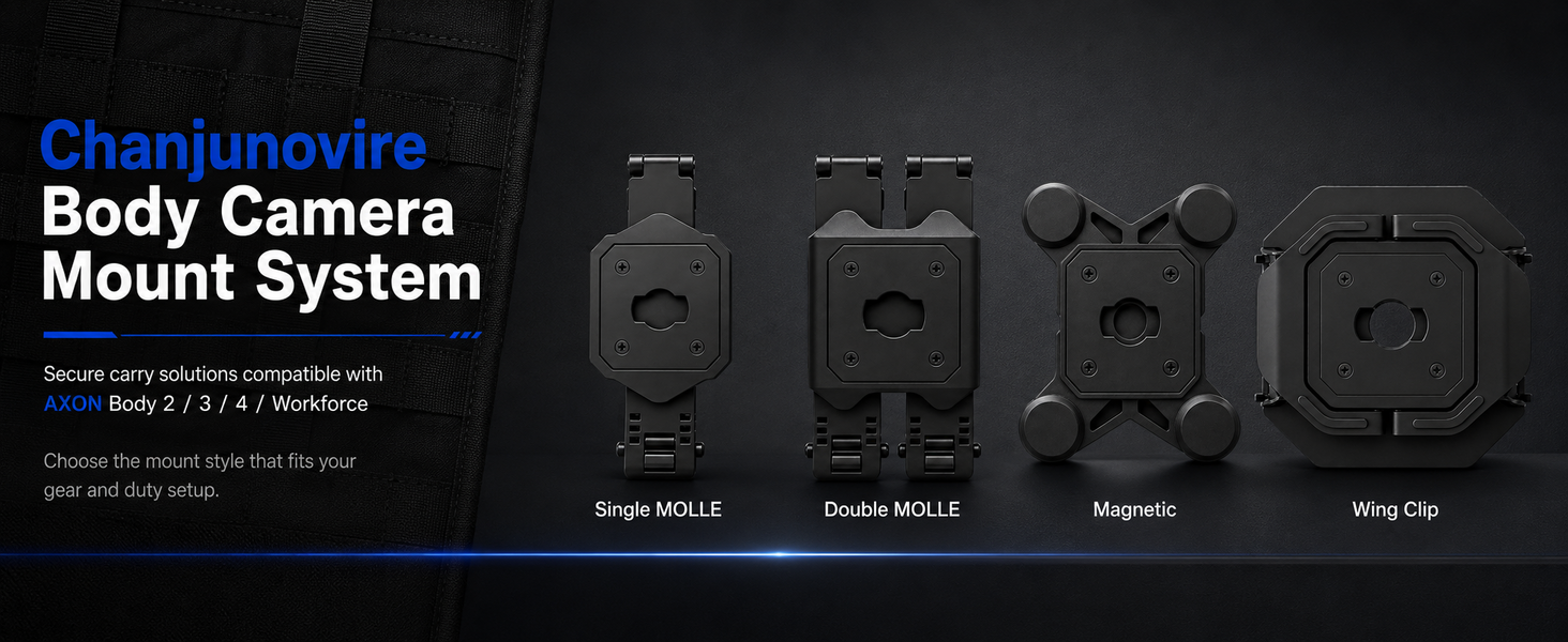 Four body camera mount styles compatible with AXON Body 2, 3, 4 and Workforce