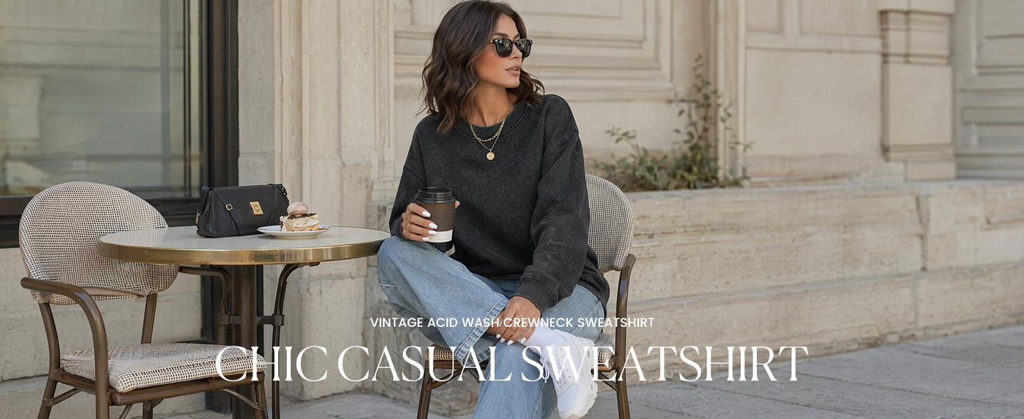 Acid Wash Cotton Ribbed Casual Sweatshirts Loose Fit Western Ladies Tops Trendy Fall Clothes