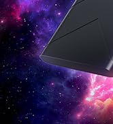 Black electronic device corner shown against purple and blue cosmic space background.