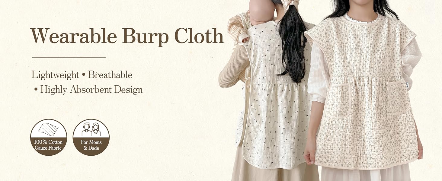 Wearable burp cloth for moms and dads – lightweight, breathable, absorbent 100% cotton gauze apron