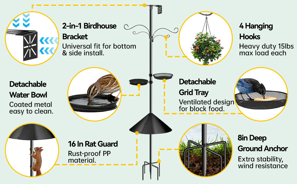 4 Detachable Shepherds Hooks Bird Bath & Feeding Tray Squirrel Proof Baffle