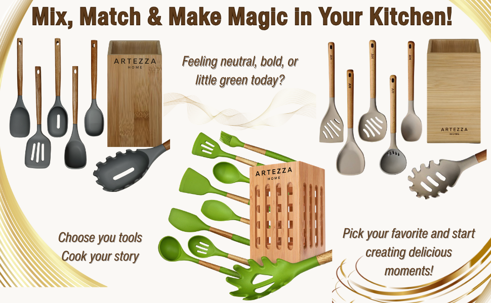 non -stick utensils with acacia wood handles and bamboo holder