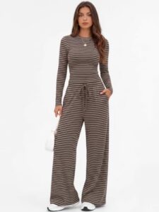 Crewneck Slim Top & Wide Leg Pants with Pockets