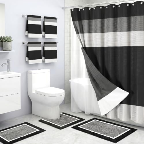 Minimalist Ombre Black Stripes Decor with PEVA Waterproof Curtain Liner