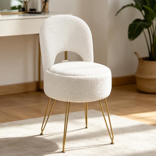 White Makeup Chair Teddy Fleece Vanity Chair with 4 Gold Legs