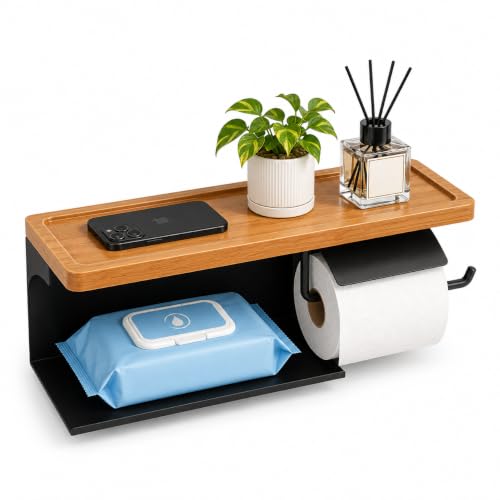 Wall Mounted Matte Black | 16" X 5.3" Double Roll Holder Fits Phone & Large Wipes Storage | Rust-Resistant for Rustic Farmhouse Bathrooms Organize