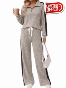 Trendy Queen Womens 2 Piece Lounge Matching Sets Fall Travel Comfy Outfits                                                          Side Striped Pants & Quarter Zip Ribbed Knit Tops