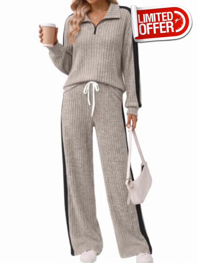 Trendy Queen Womens 2 Piece Lounge Matching Sets Fall Travel Comfy Outfits                                                          Side Striped Pants & Quarter Zip Ribbed Knit Tops