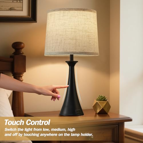 Black | 3 Way Dimmable Nightstand Lamps with Linen Shades