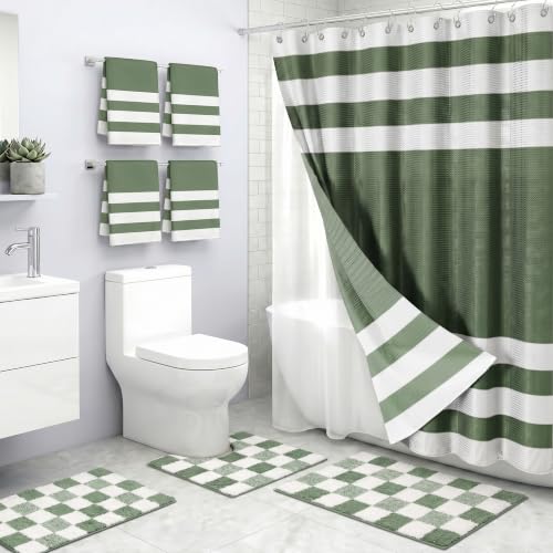 Sage Green Striped Minimalist Decor with PEVA Waterproof Curtain Liner