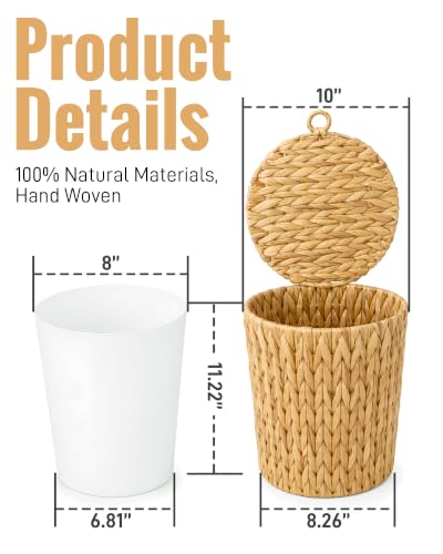 4 Gallon Round Wicker Bathroom Trash Can Handwoven Natural Water Hyacinth Woven Waste Basket with Removable Liner for Bedroom and Home Office