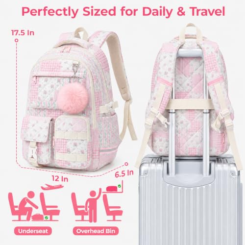 Cute Pink Patchwork School Backpack with Multi-Pocket Design
