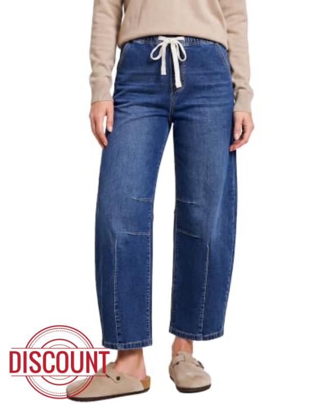 LookbookStore Barrel Jeans Women High Waisted Drawstring Crop Denim Pants                                                          Barrel Leg