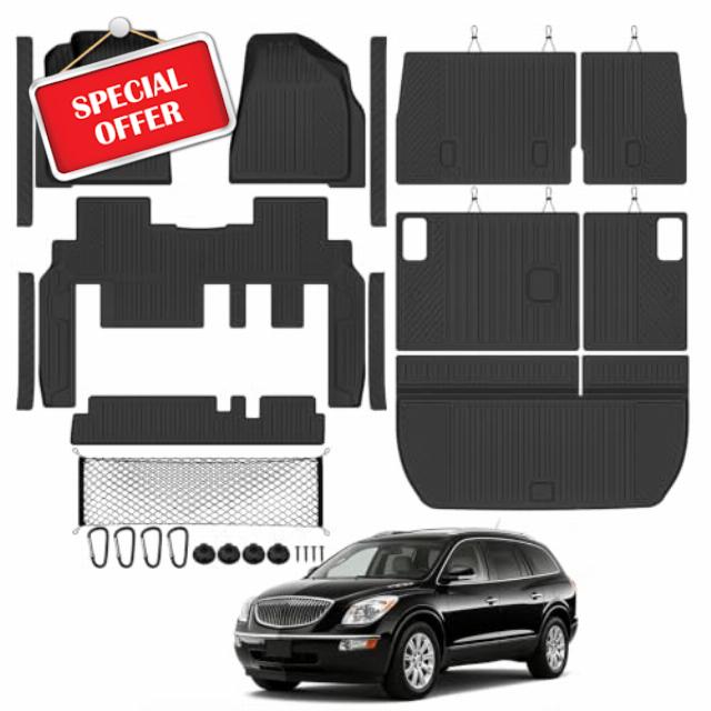 Floor Mat Set for 2009-2017 Chevrolet Traverse 8 Seat/Bench Seats | All Weather TPE Trunk Mat & 2nd/3rd Row Backrest Mats & Cargo Net & Door Sill Guards for Traverse Interior Accessories