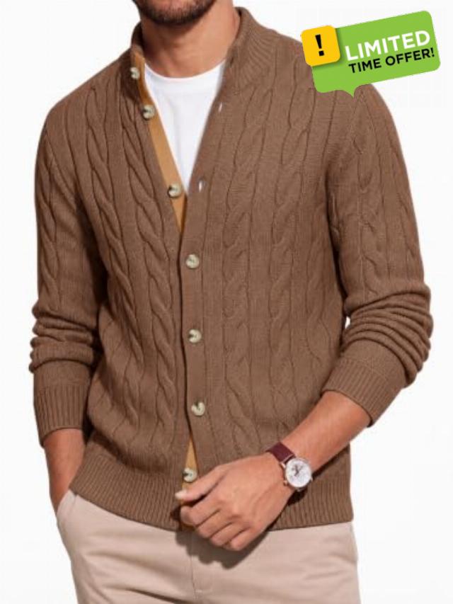 Runcati Mens Cardigan Sweater Cable Knit Stand Collar Button Down Sweaters                                                          Long Sleeve Casual Cardigans