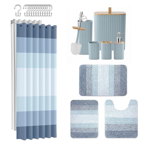Light Blue Ombre Gradient Striped Shower Curtain